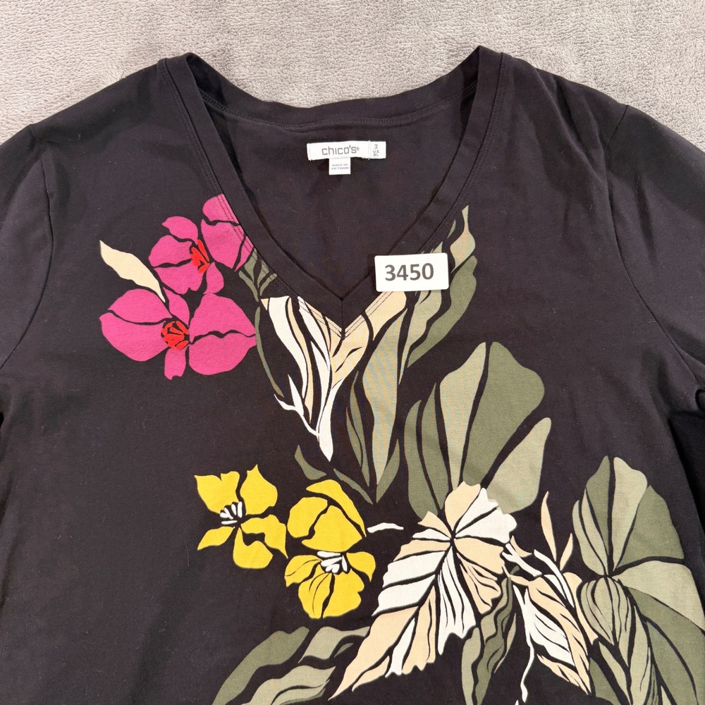 Chico's V-Neck Top Women XL Black Floral Long Sleeve Cotton Blend 570366458
